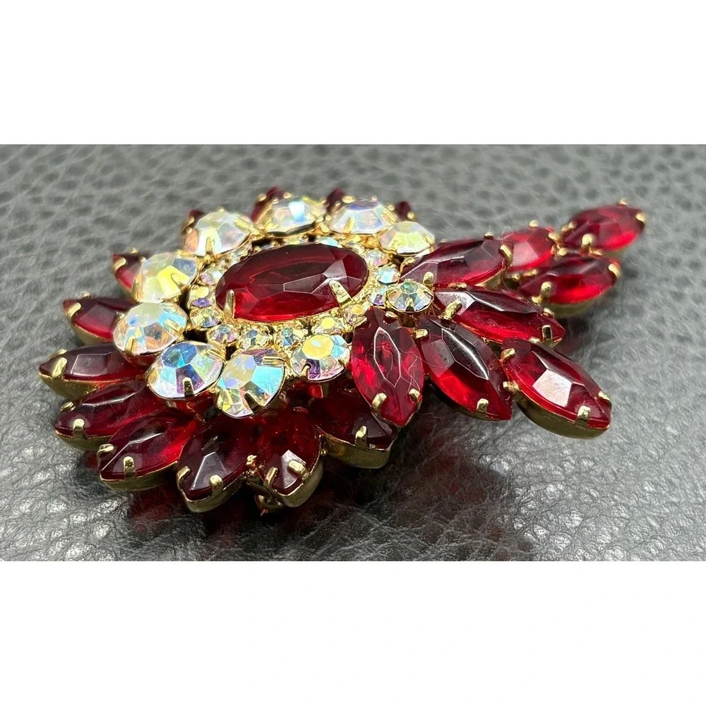 VTG Juliana Red Rhinestone Flower Brooch Aurora Borealis Crystal Gold Tone